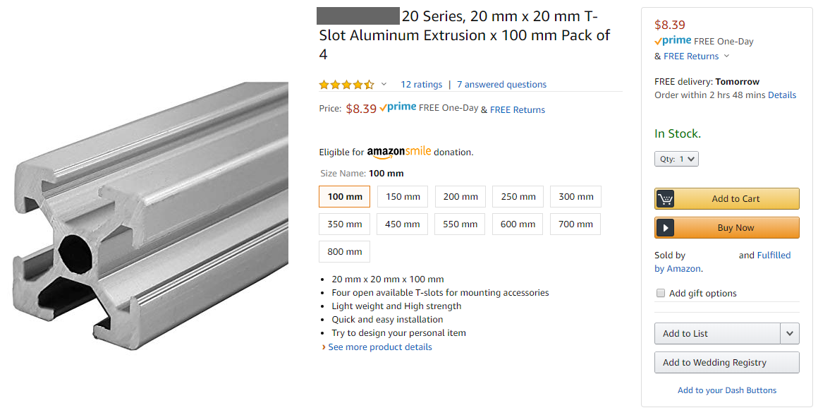 Amazon screenshot of 2020 aluminum extrusion beams being sold