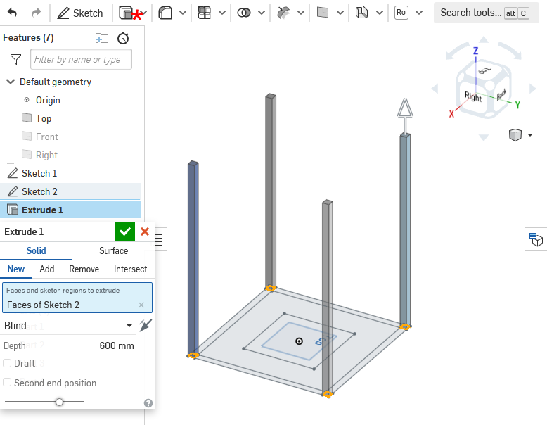 extruding the 4 squares into vertical beams